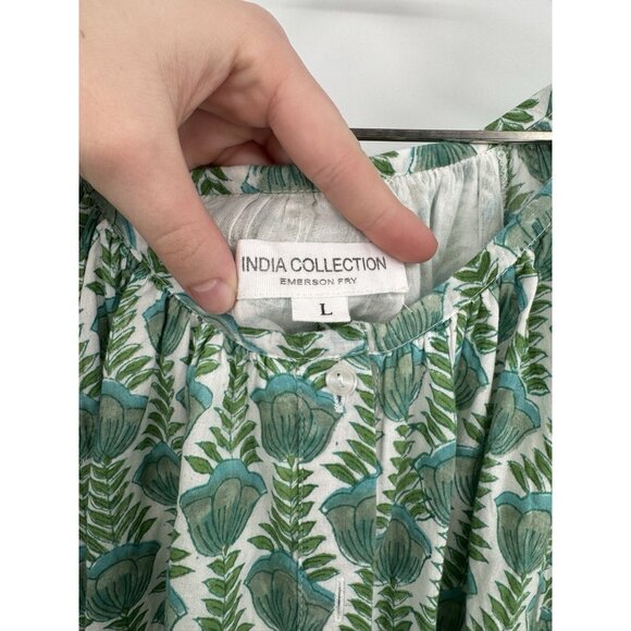Emerson Fry India Collection Green Floral Peasant Top size L Button Front Cotton - Picture 2 of 7